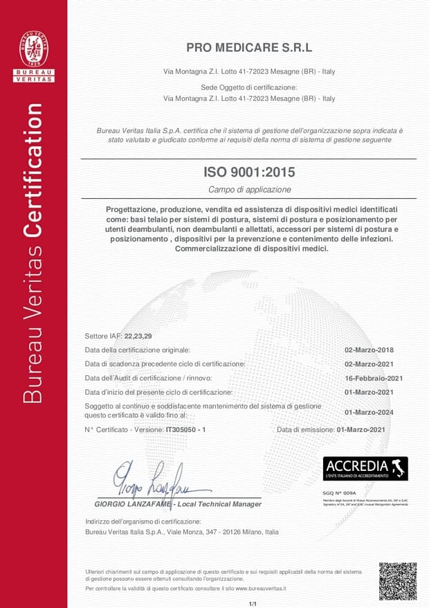 Certificato di Qualità ISO 9001 Pro Medicare S.r.l.